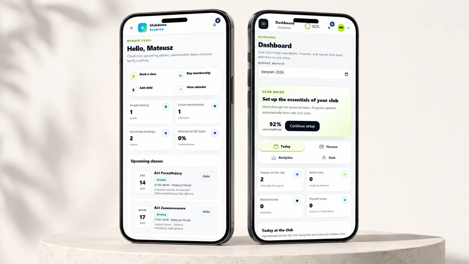 Panel klubowicza i dashboard administratora Klunivo pokazane na dwóch telefonach